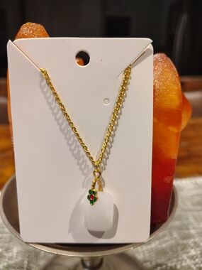 Gold-Tone White Pendant Necklace with Green & Red Accent